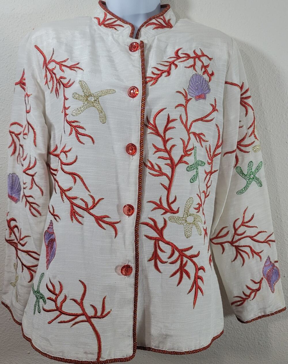 VTG Draper's & Damon's White Red Gold Metallic Embroidered Jacket XL Elegant